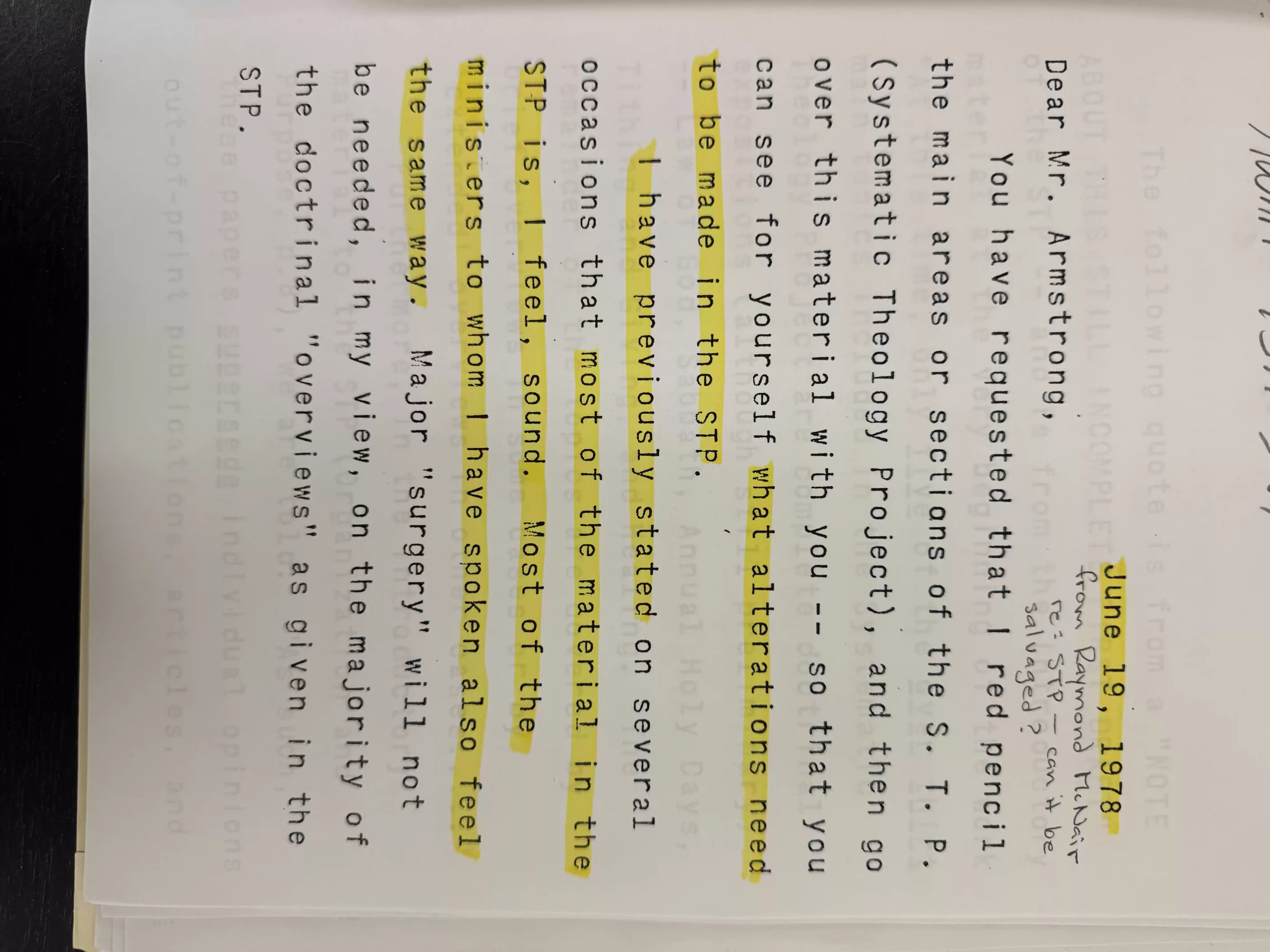 R McNair memo to HWA re STP